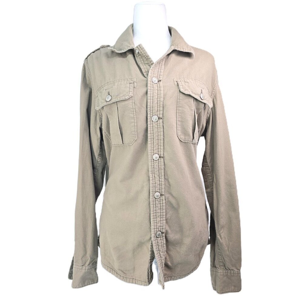 True Religion Olive Green Long Sleeve Double Gauze Flannel Utility Shirt - Picture 1 of 10